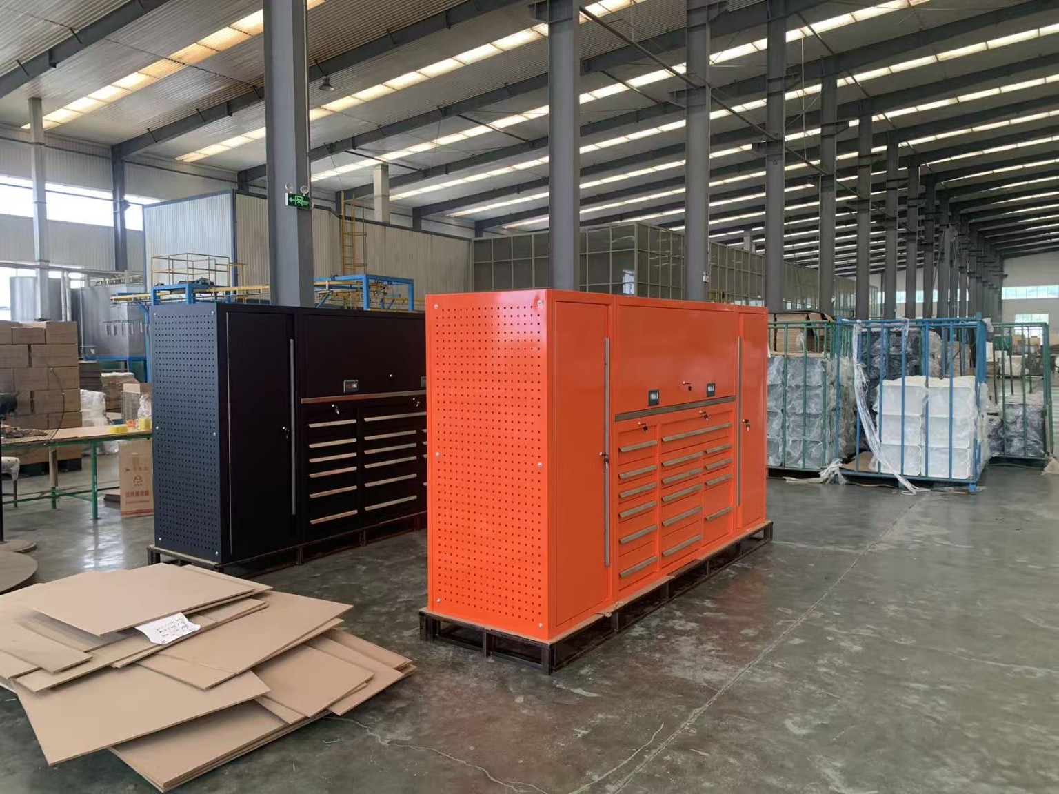 Orange combo tool cabinet with side pegboard and drawers